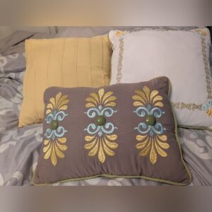 Embroidered Brown and Yellow Accent Pillow Trio, New